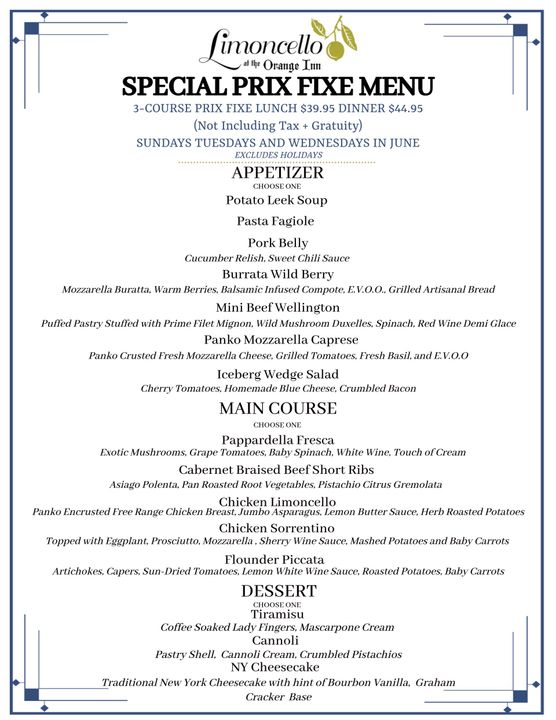 White and navy restaurant special prix fixe menu with appetizer, main course, and dessert sections