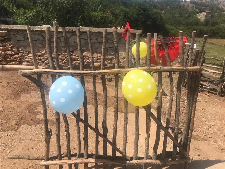 Blue and yellow balloons are hanging from a wooden fence