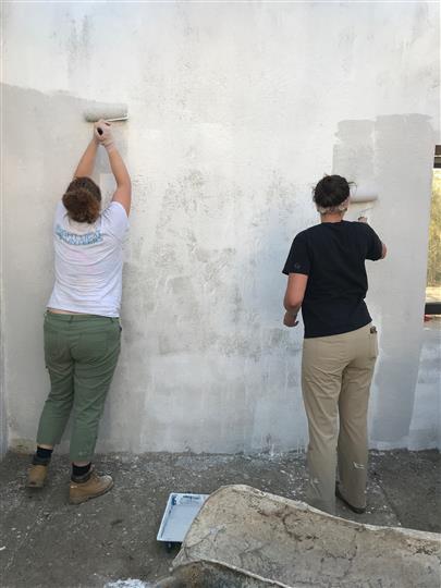 Two women are painting a wall with rollers.