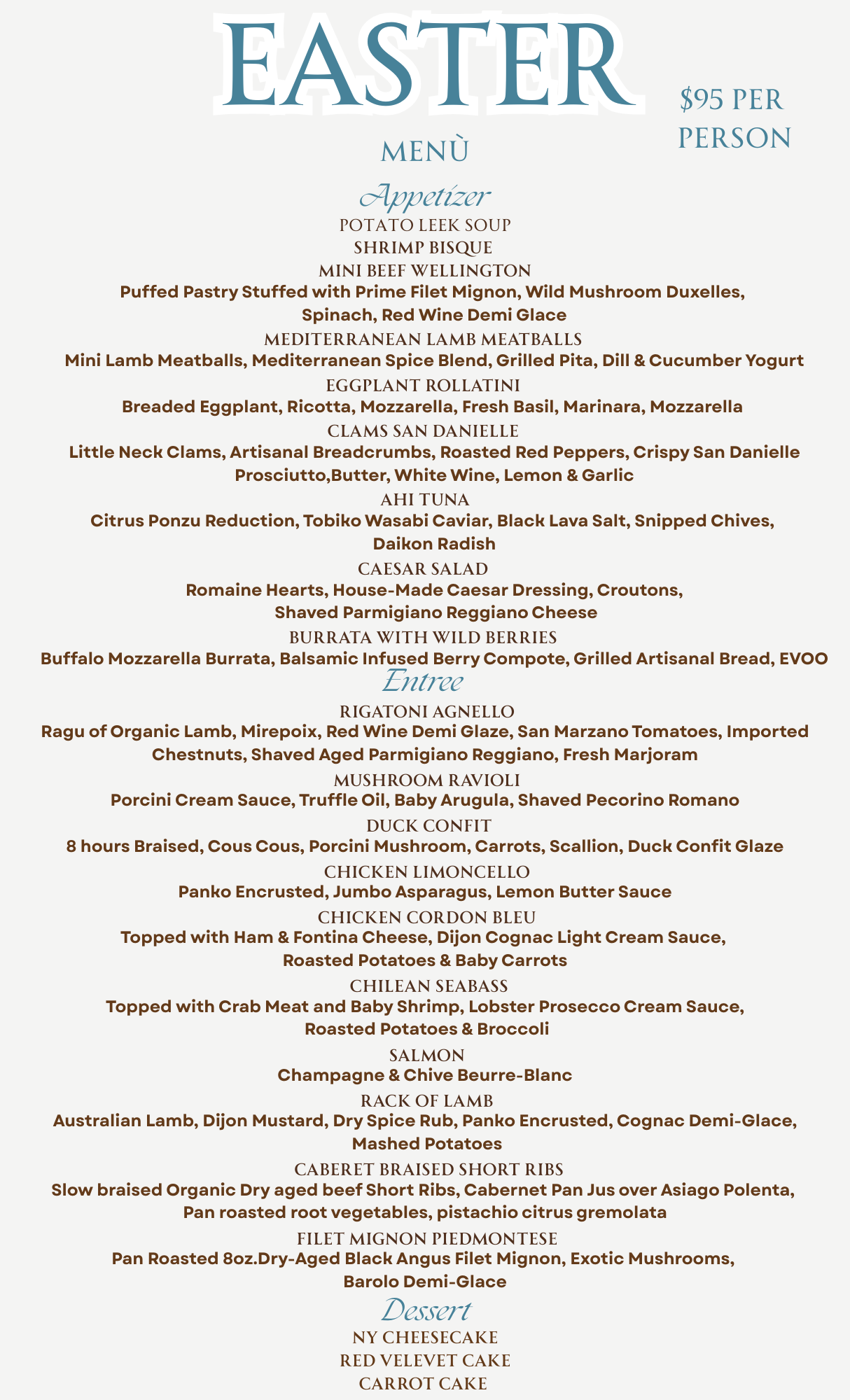 Easter menu with listed courses and prices.