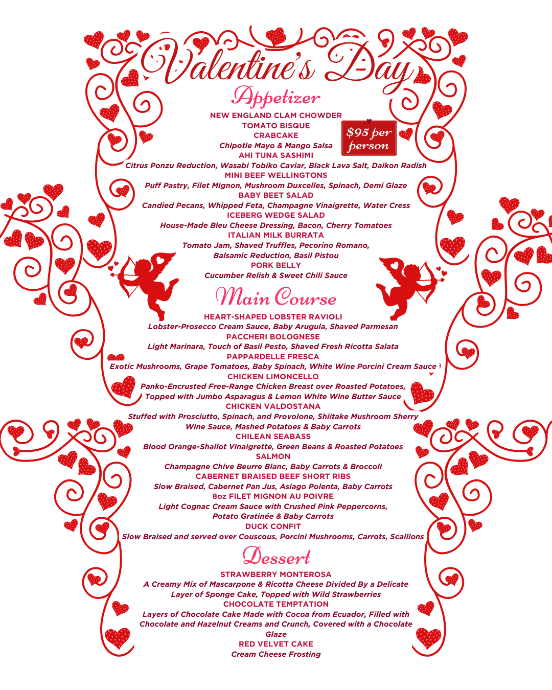 Valentine's Day menu with appetizers, main courses, and desserts, framed with red hearts and Cupid.
