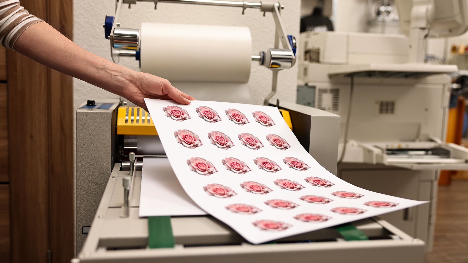 A person is holding a piece of paper in front of a machine.