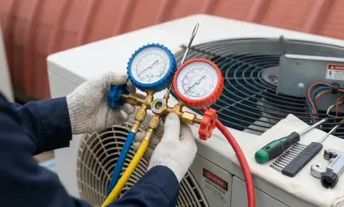 Technician using manifold gauges to service an outdoor air conditioner unit