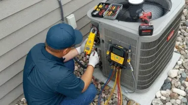 Technician servicing outdoor HVAC unit with tools and gauges on a rooftop.