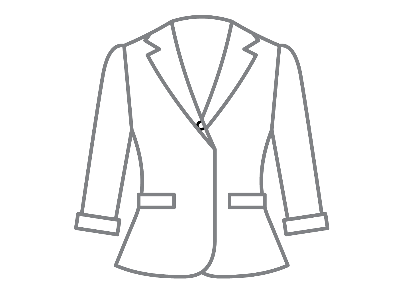 Symbol: Eine Strichzeichnung eines einreihigen Blazers mit Dreiviertelärmeln und zwei aufgesetzten Taschen.