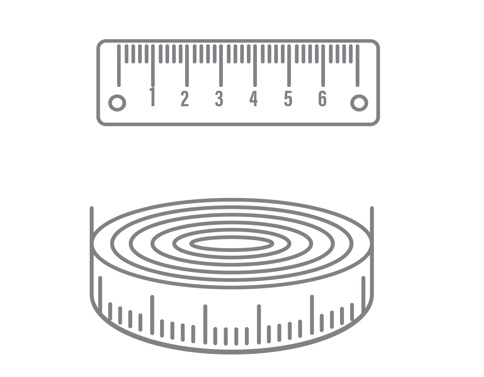 Symbol: Ein flaches, gerades Lineal über einem zusammengerollten, kreisförmigen Maßband.