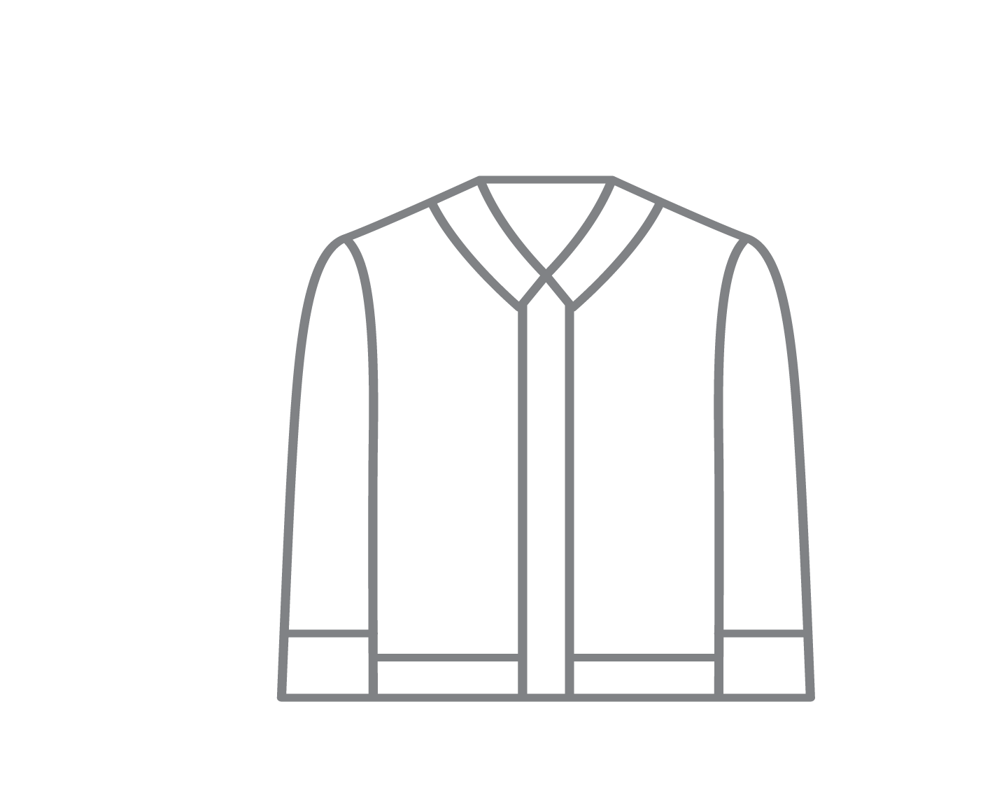 Symbol: Eine einfache Strichzeichnung einer Button-Down-Jacke mit Kragen und langen Ärmeln.