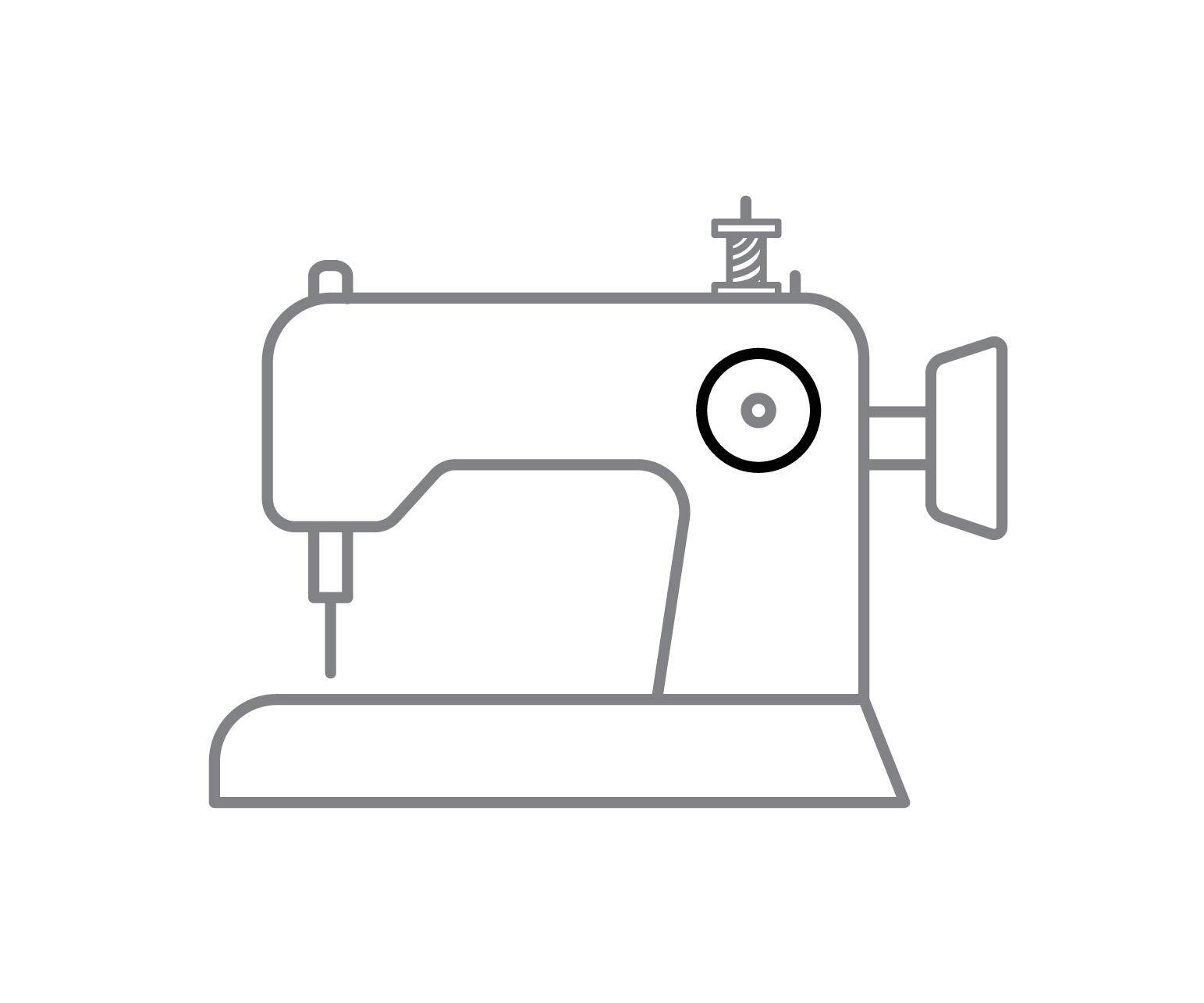 Symbol: Eine einfache Strichzeichnung einer Nähmaschine mit hervorgehobenem Stichlängenregler.