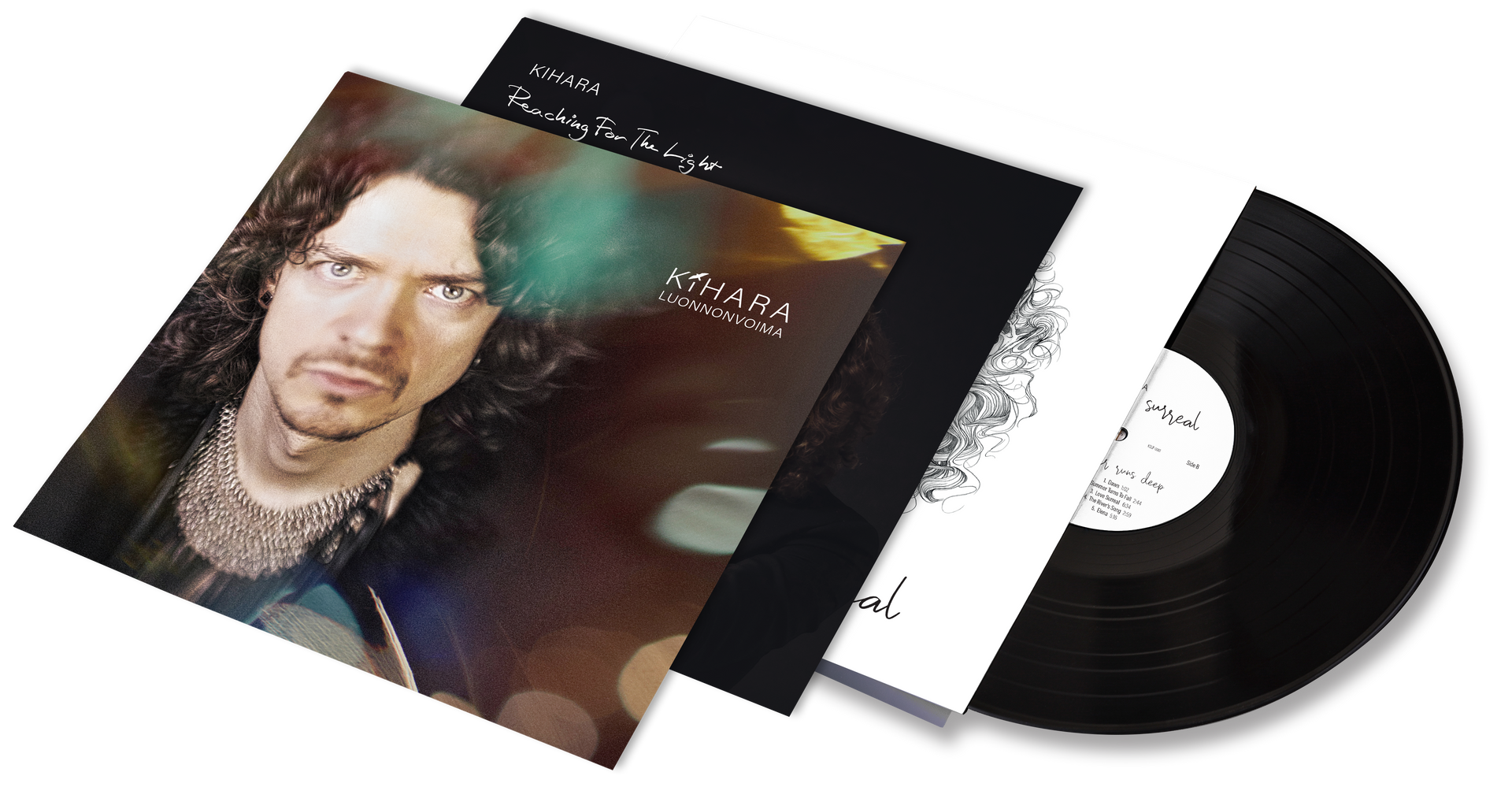 Juho Pitkäsen kolme ensimmäistä LP-levyn kantta. Luonnonvoima, Love Surreal ja reaching for the light.