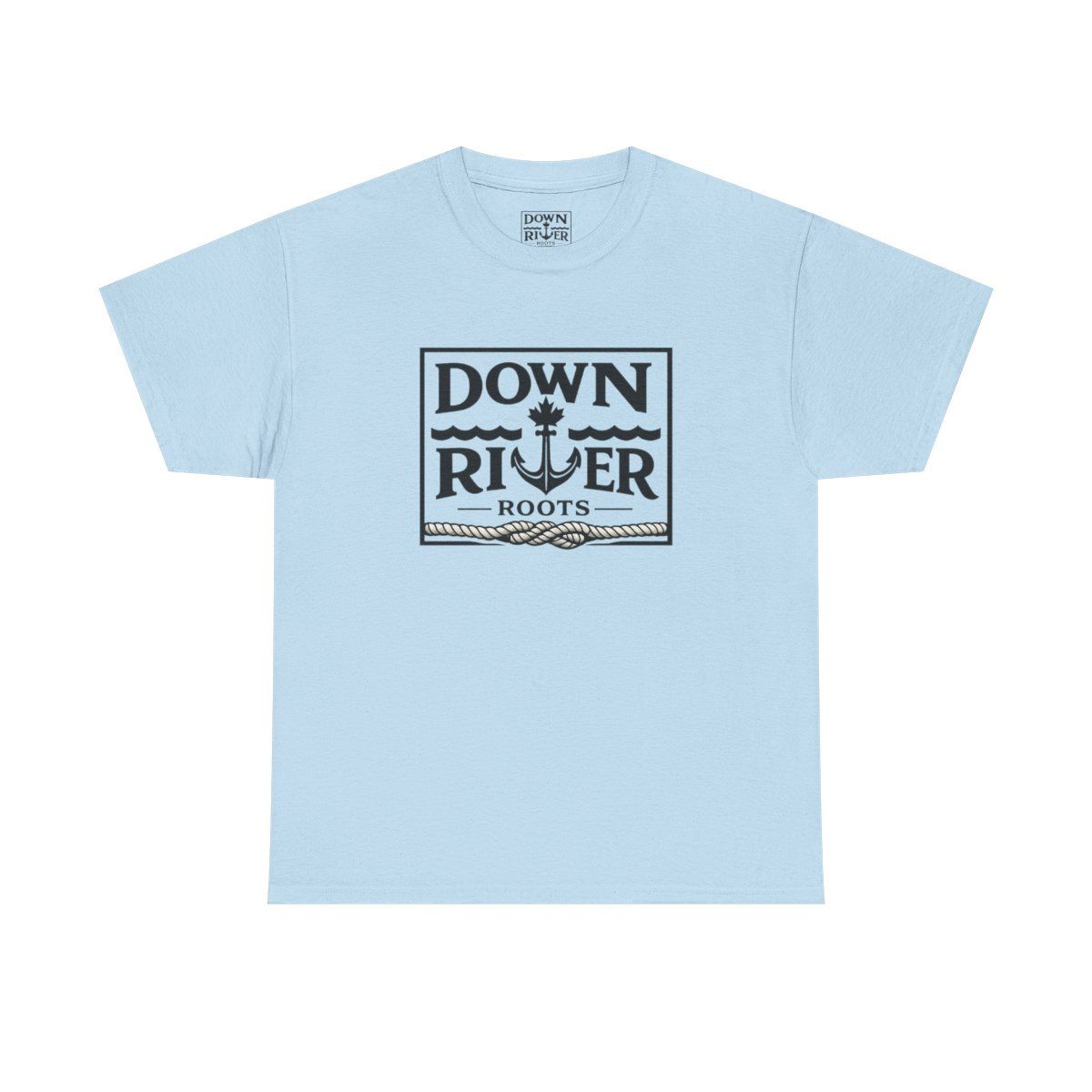 Light blue t-shirt with a centered rectangular graphic. The graphic has text and an anchor illustration in dark blue/grey.