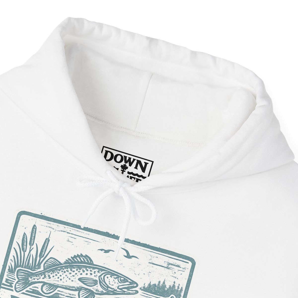 White hoodie with hood detail and fishing graphic.