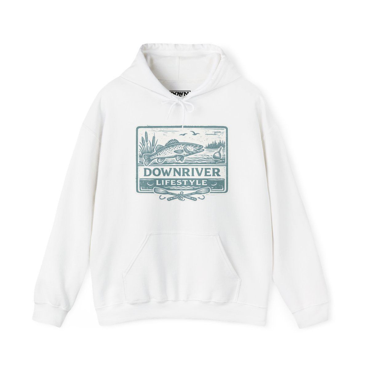 White hoodie with hood detail and fishing graphic.