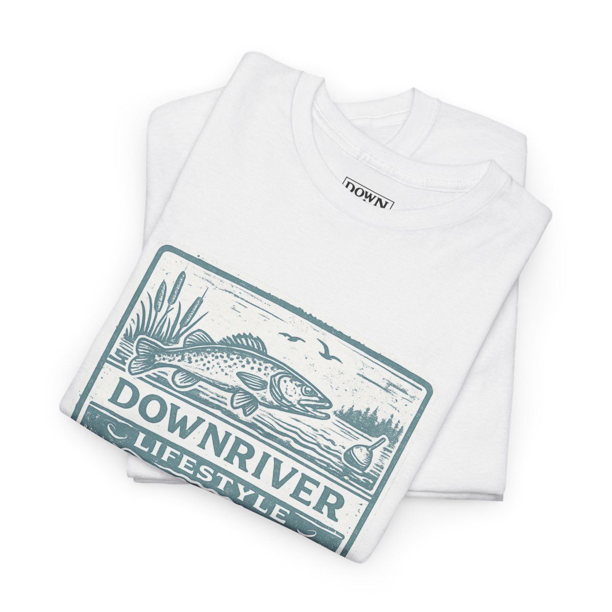 Beige t-shirt with a blue graphic of a landscape and the words 