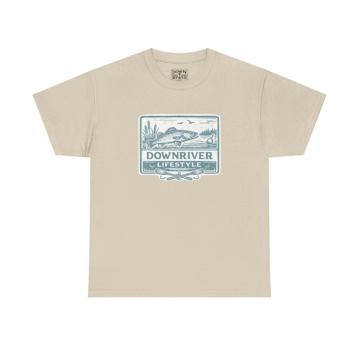 Beige t-shirt with a blue graphic of a landscape and the words 
