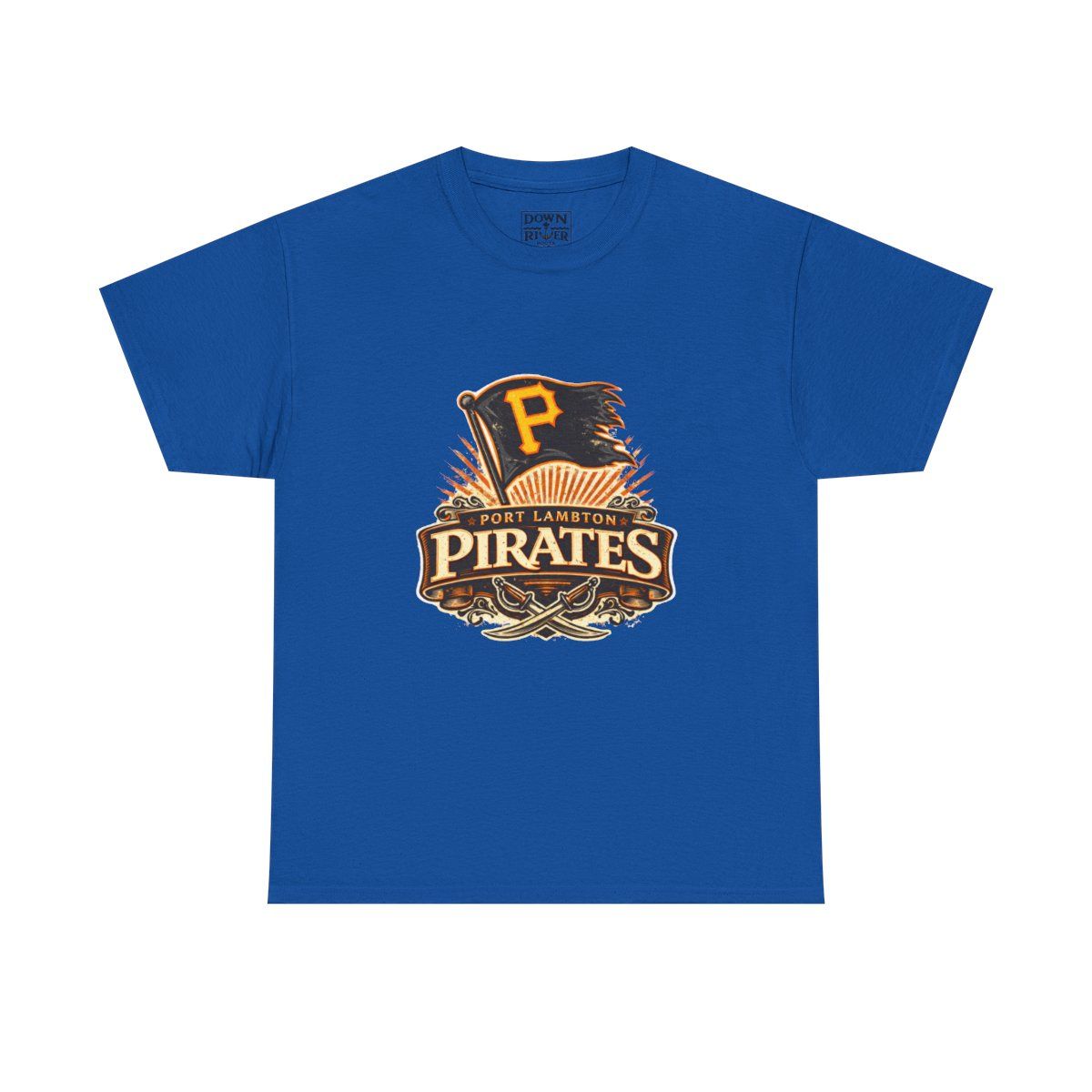 Blue t-shirt with a vintage Pittsburgh Pirates logo on the front.