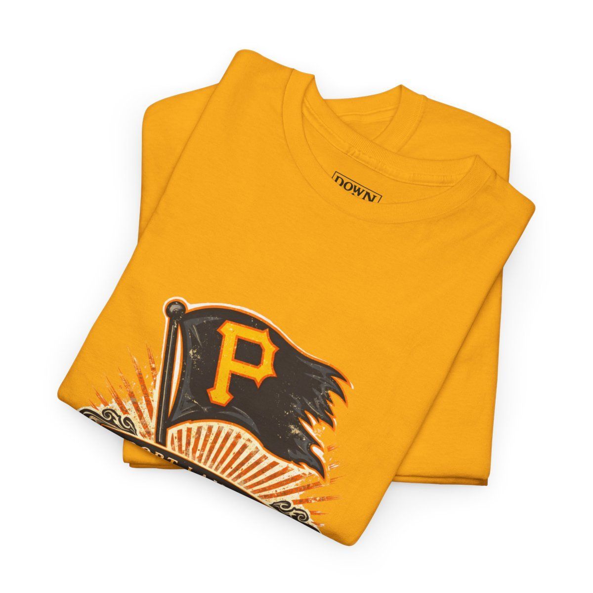 Blue t-shirt with a vintage Pittsburgh Pirates logo on the front.