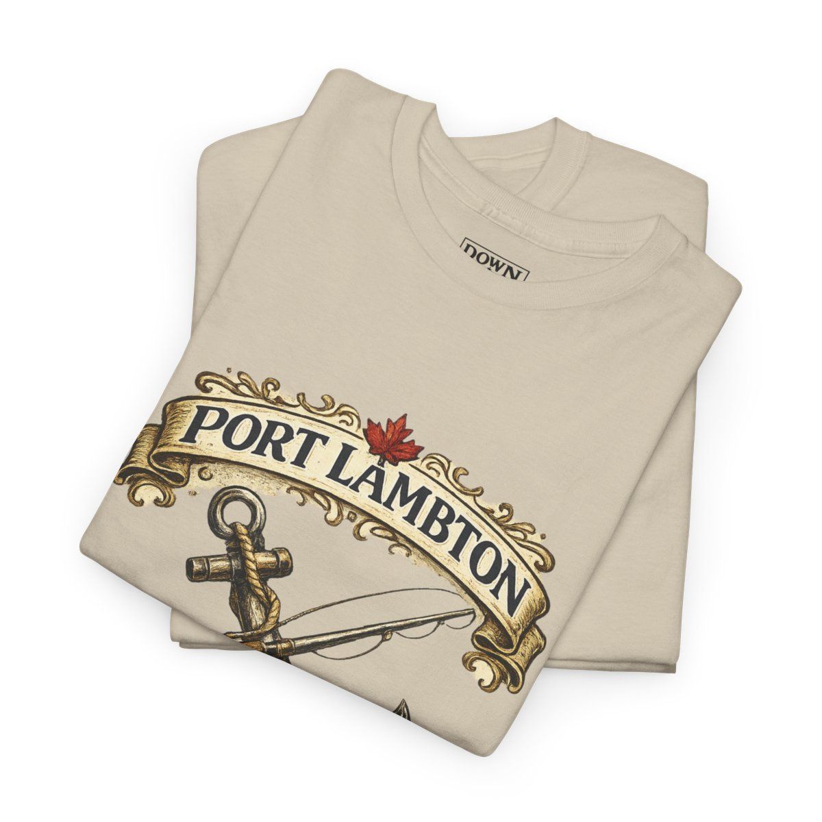 Beige t-shirt with a vintage-style graphic of an anchor, banner, and text for Port Lambton, 1820.