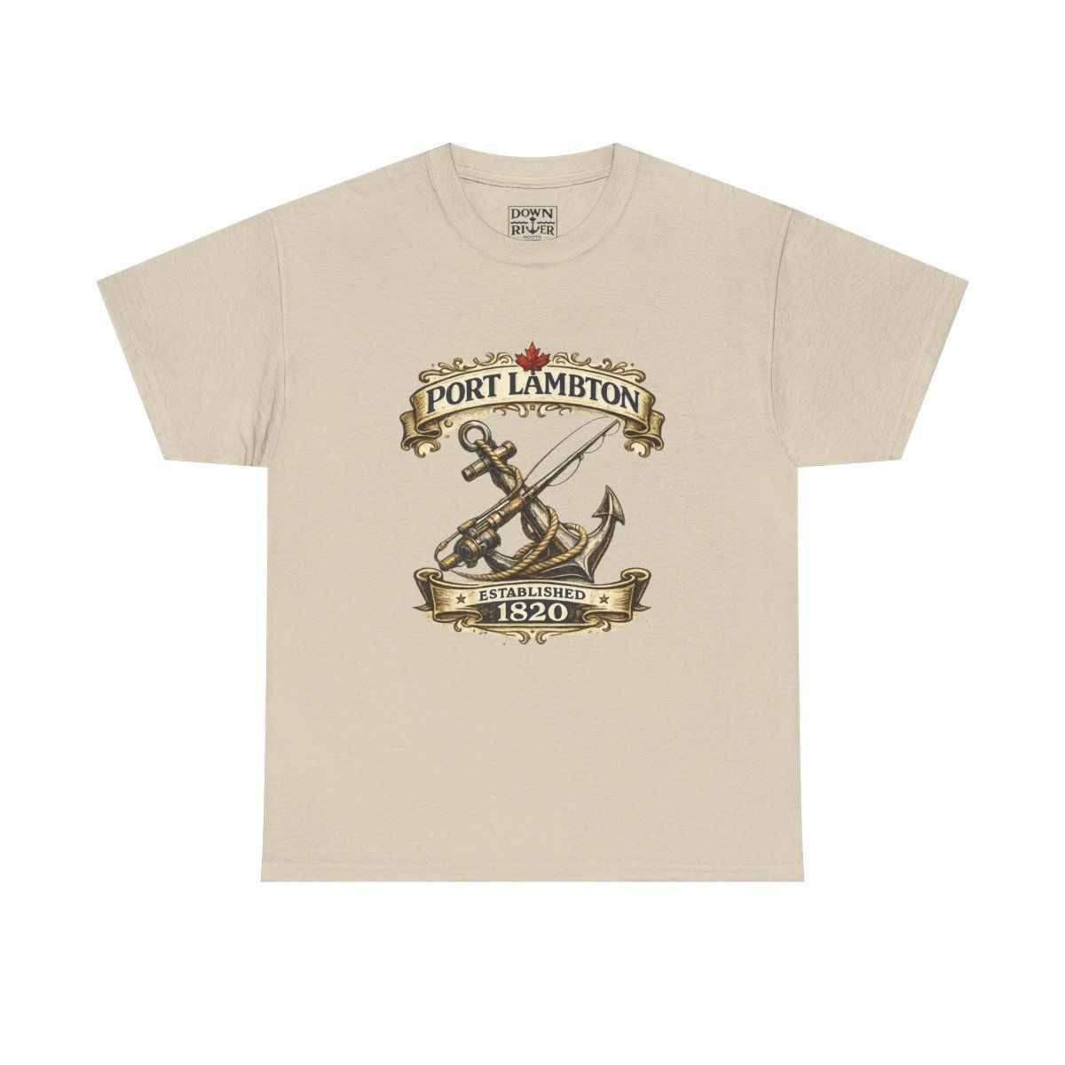 Beige t-shirt with a vintage-style graphic of an anchor, banner, and text for Port Lambton, 1820.