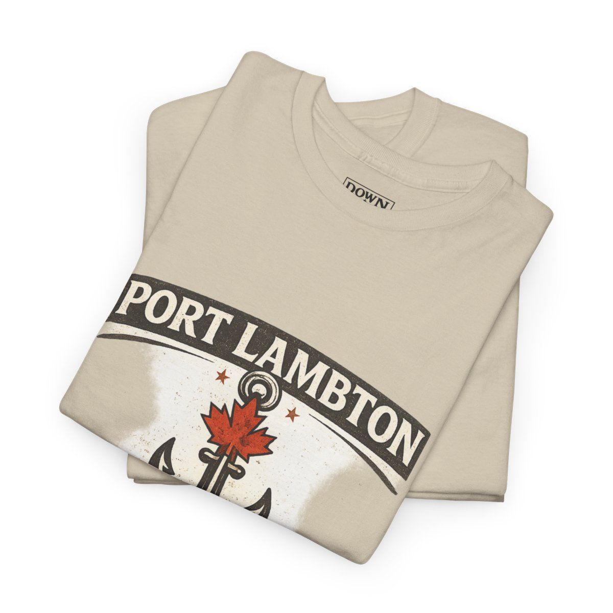 Beige t-shirt with a vintage Port Lambton, Ontario graphic featuring an anchor, maple leaf, and rope details.
