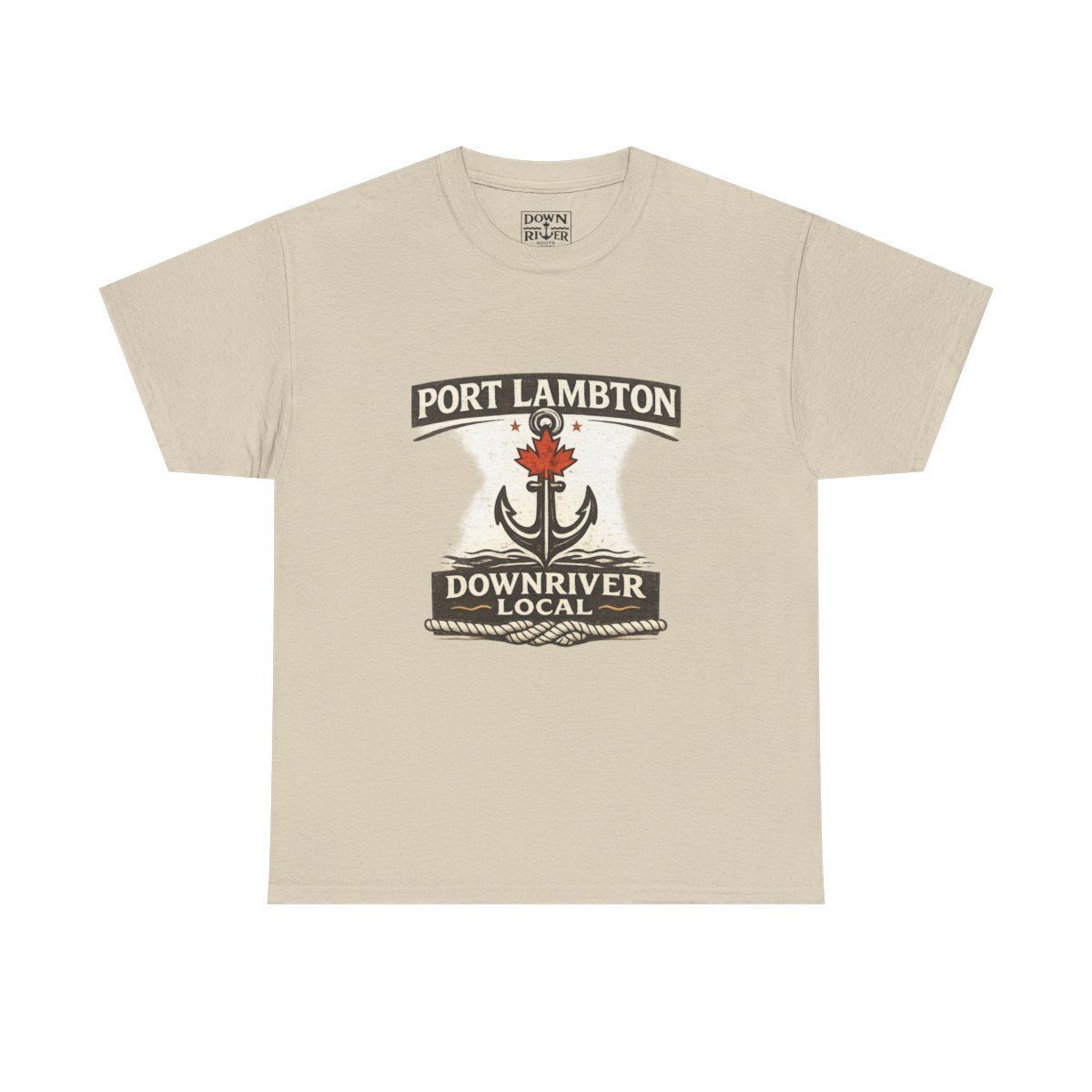 Beige t-shirt with a vintage Port Lambton, Ontario graphic featuring an anchor, maple leaf, and rope details.