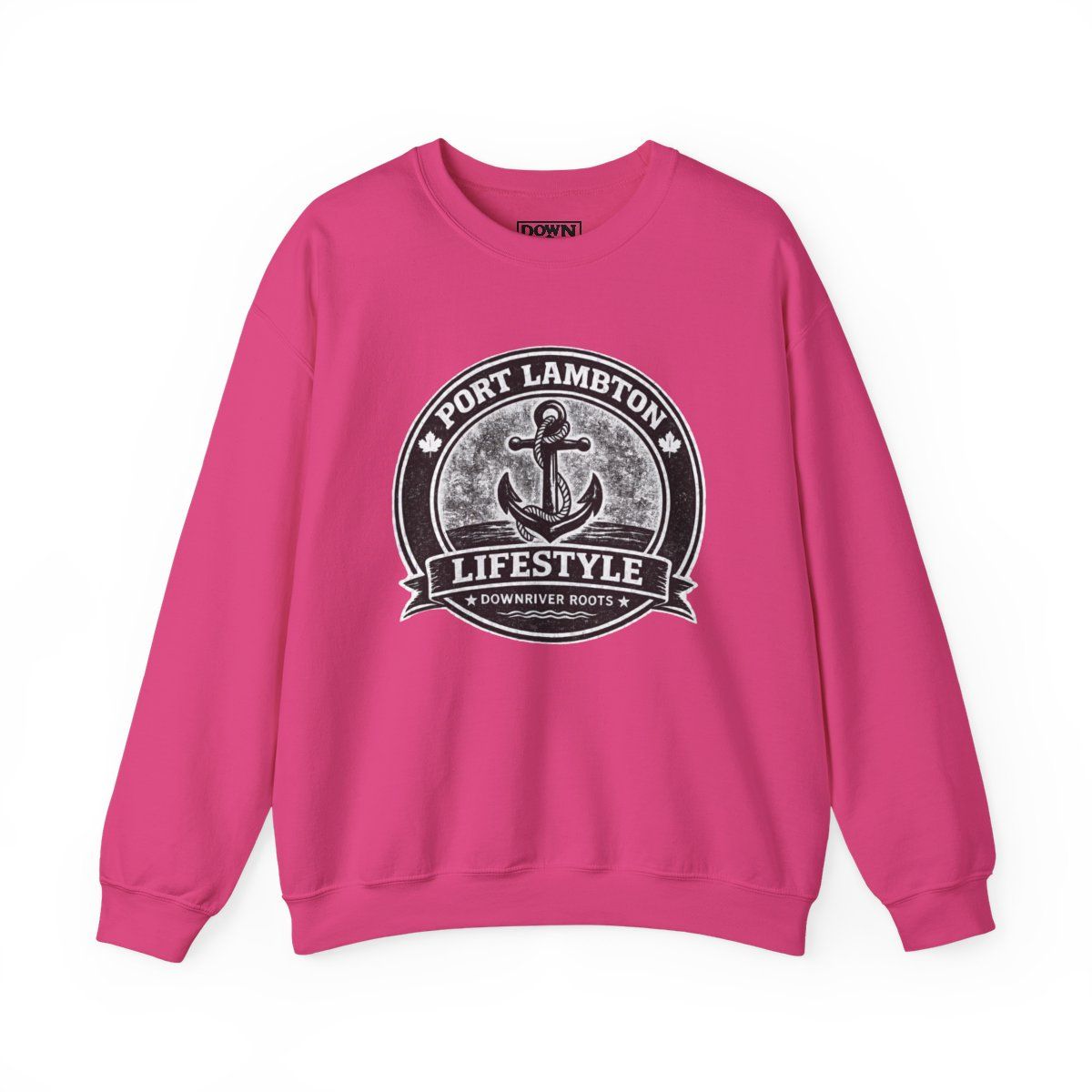 Pink sweatshirt with a distressed black and white graphic: 
