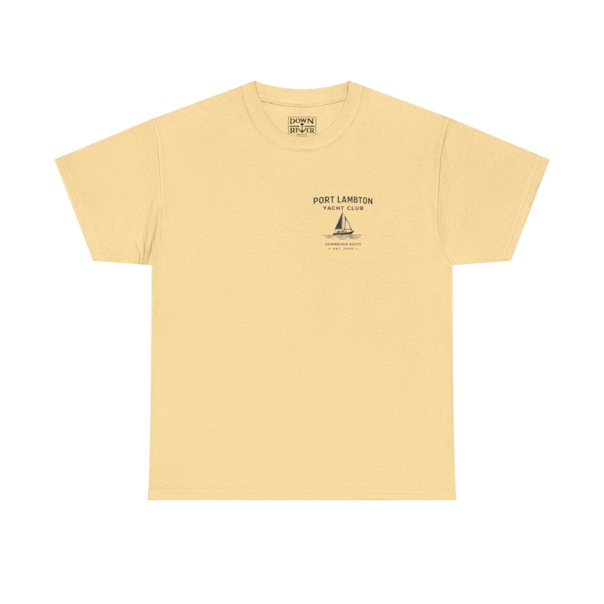 Beige t-shirt with a small sailboat graphic and text, presumably for a brand, in black.