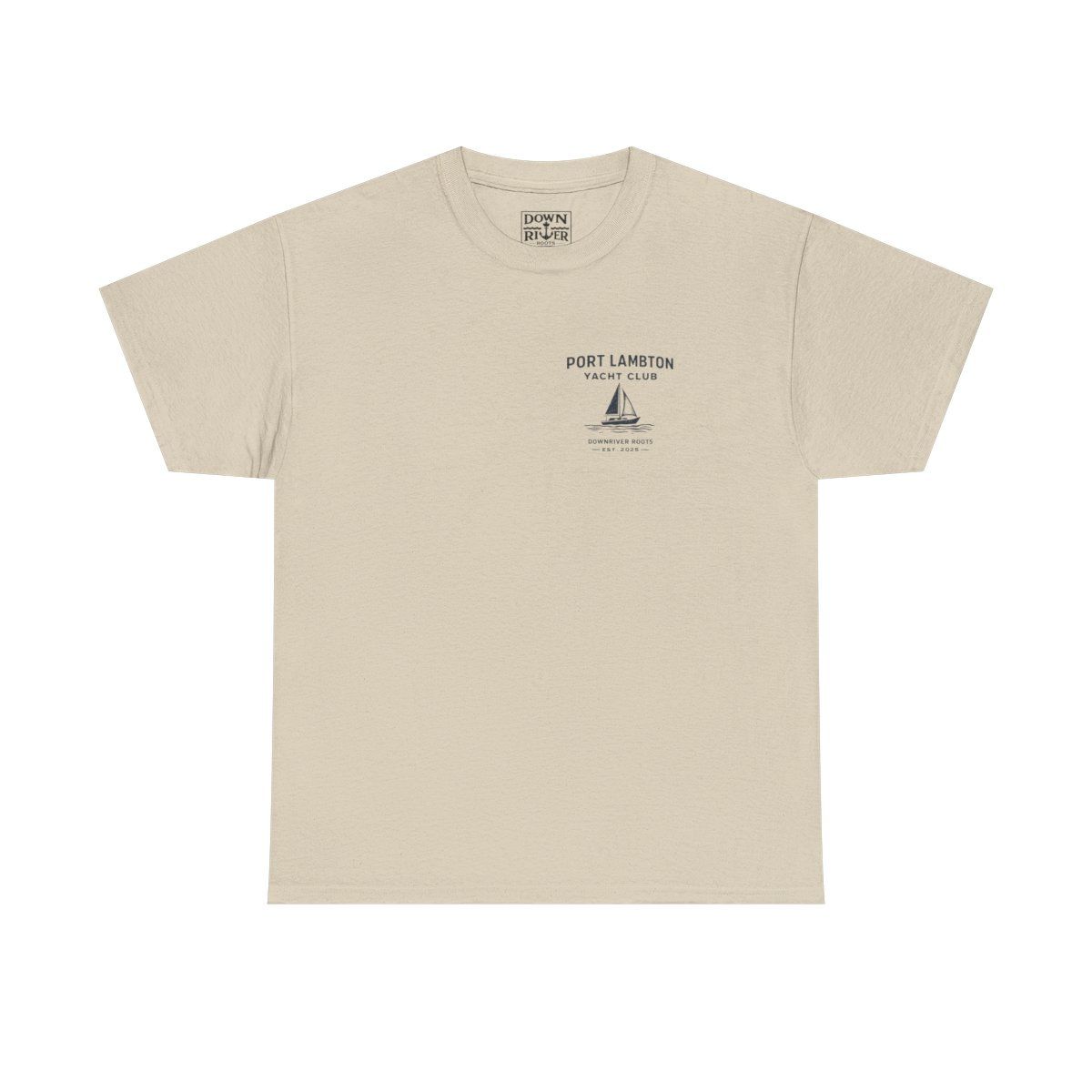Beige t-shirt with a small sailboat graphic and text, presumably for a brand, in black.