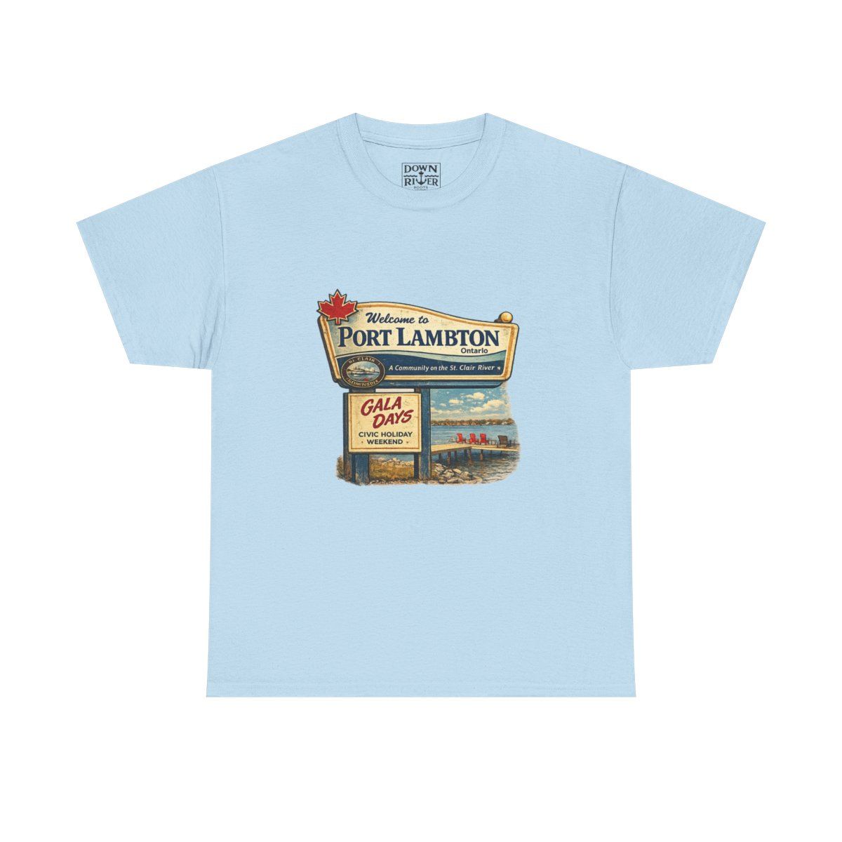 Light blue t-shirt with a graphic of a vintage 