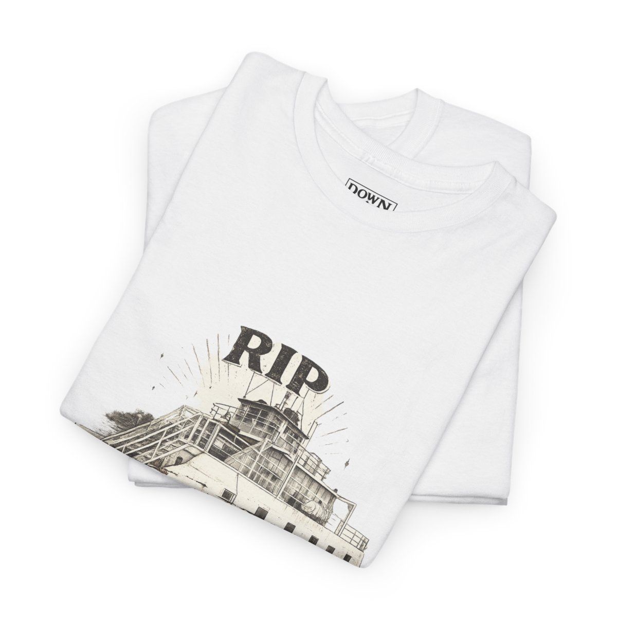 White t-shirt with a vintage ship illustration and 