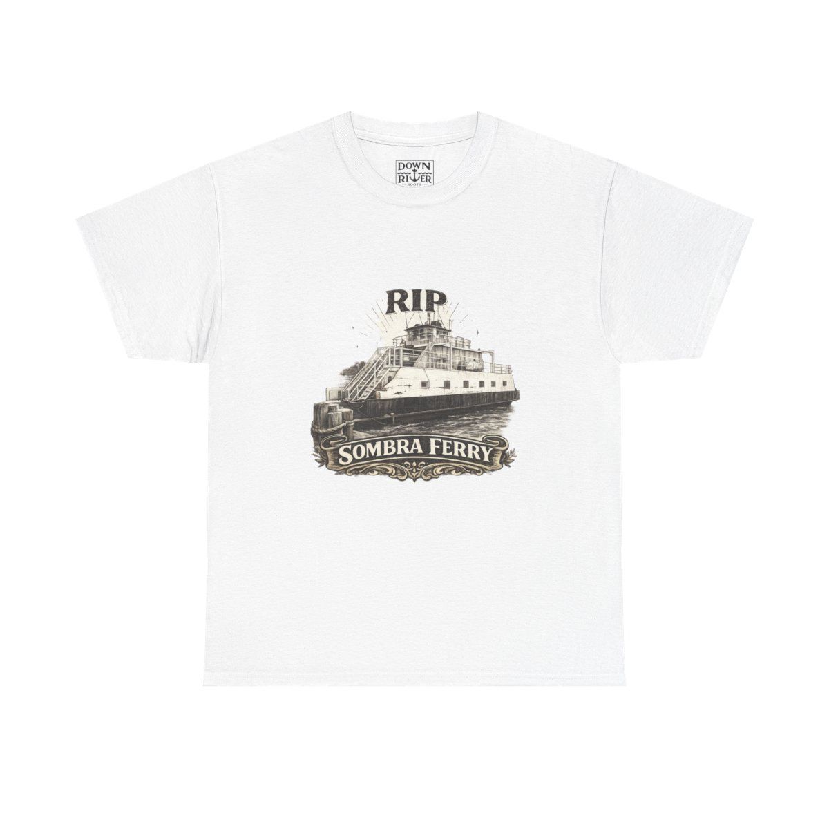 White t-shirt with a vintage ship illustration and 