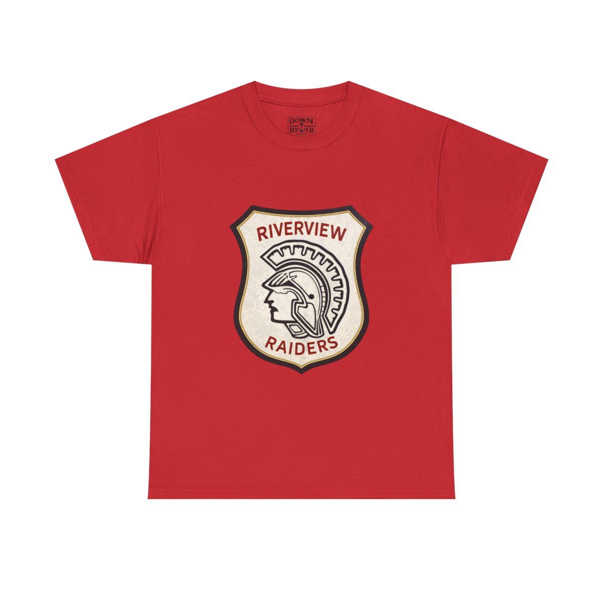 Red t-shirt with a Riverview Raiders logo of a helmeted profile and text on a shield.