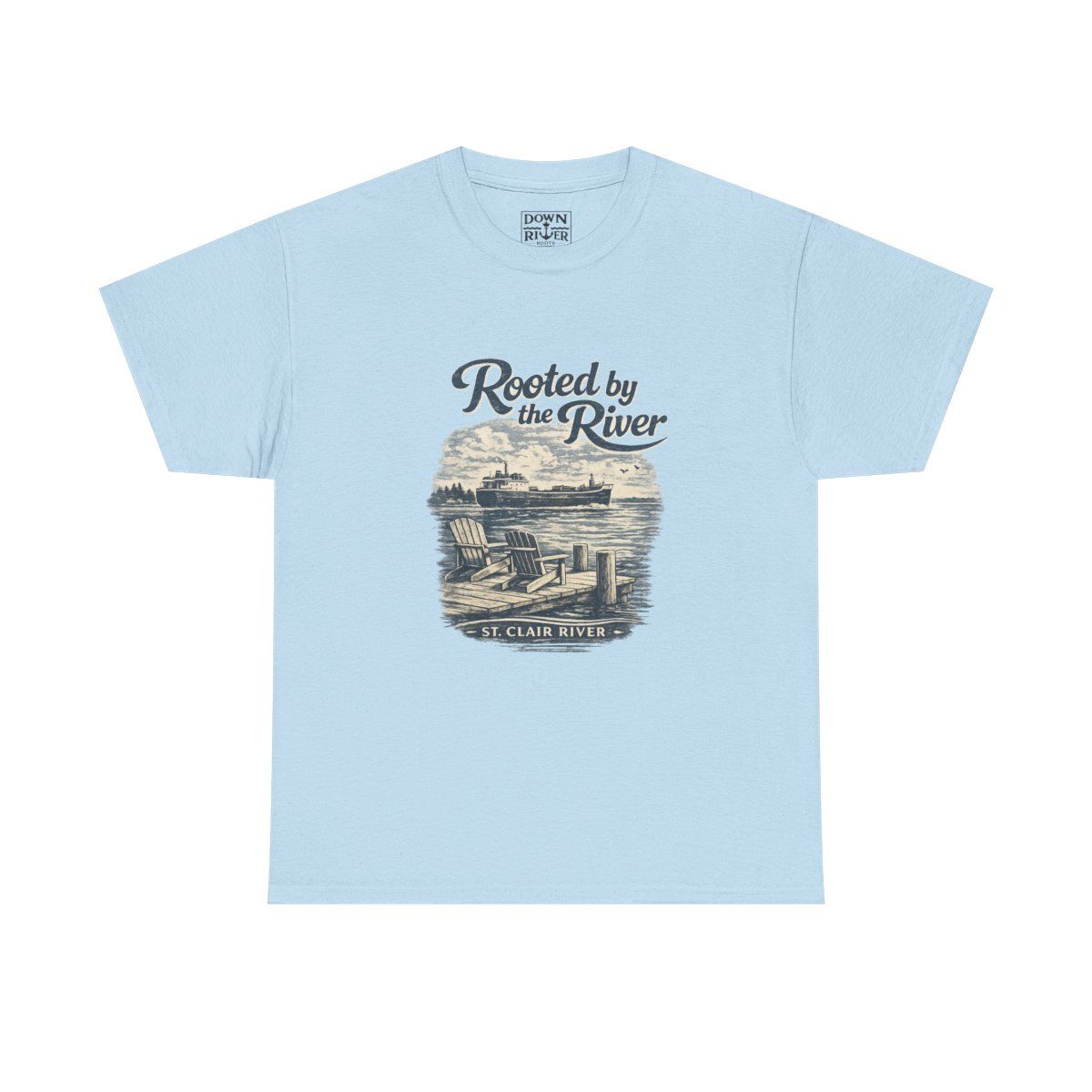 Light blue t-shirt with a vintage-style graphic that reads 