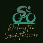 Ícone de ciclista, verde sobre fundo preto, com texto dourado: