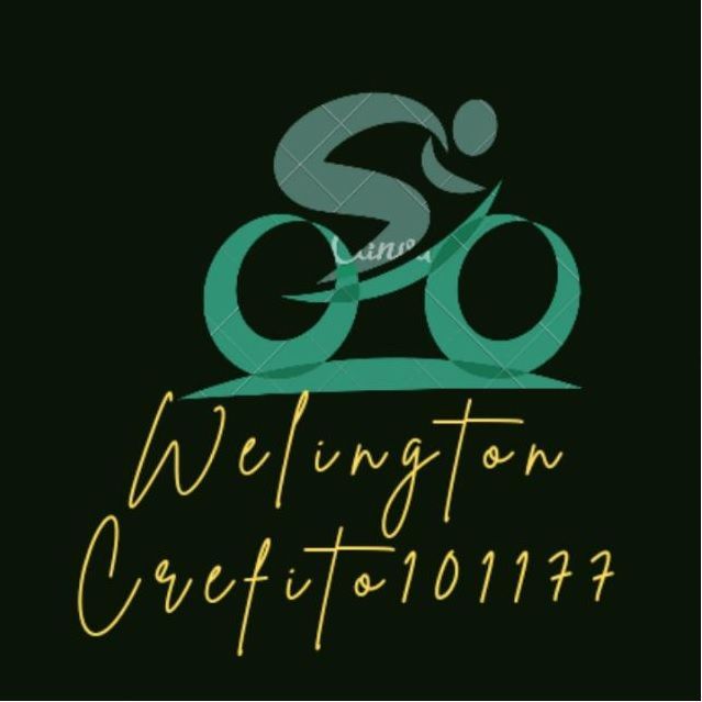 Ícone de ciclista, verde sobre fundo preto, com texto dourado: 