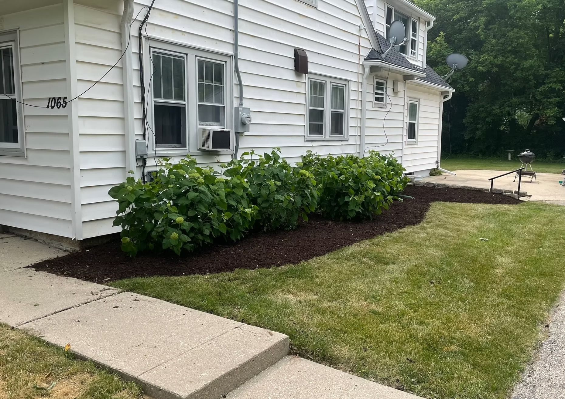 A white house with a small garden bed filled with dark mulch and green bushes. A sidewalk and lawn are in the foreground.