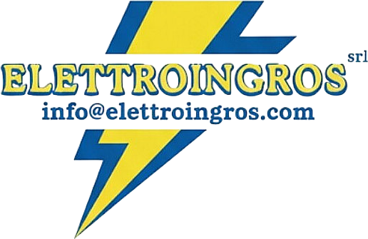 Logo di Elettroingros, un'azienda di vendita all'ingrosso di materiale elettrico, con un fulmine blu e giallo.
