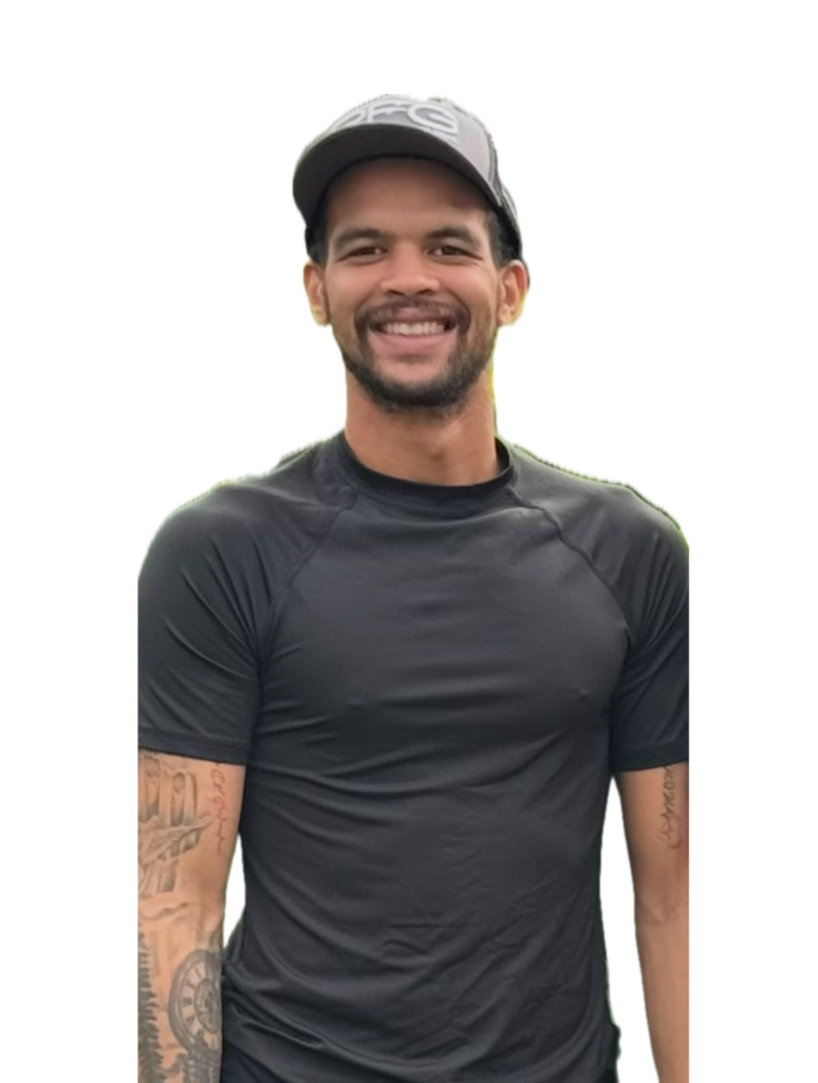 Man wearing a yellow hard hat and blue jumpsuit, smiling with arms crossed. White background.