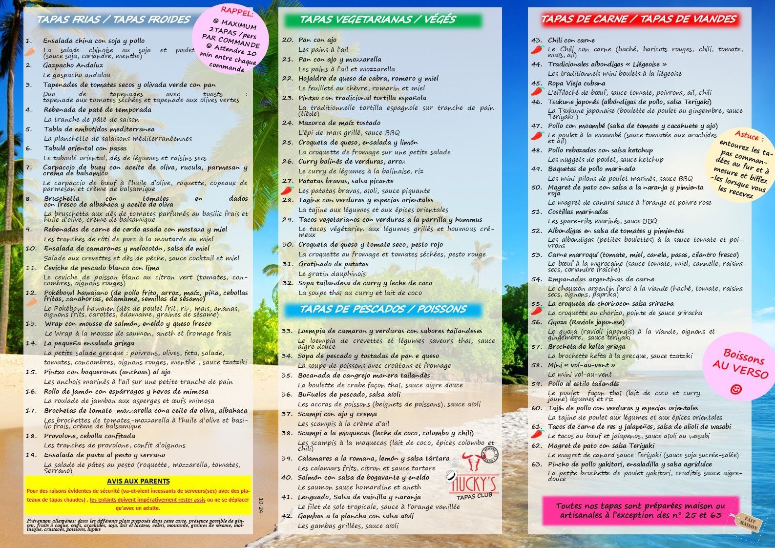 Voici notre carte des tapas - Tapas froides - Tapas végés - Tapas de poissons - Tapas de viandes