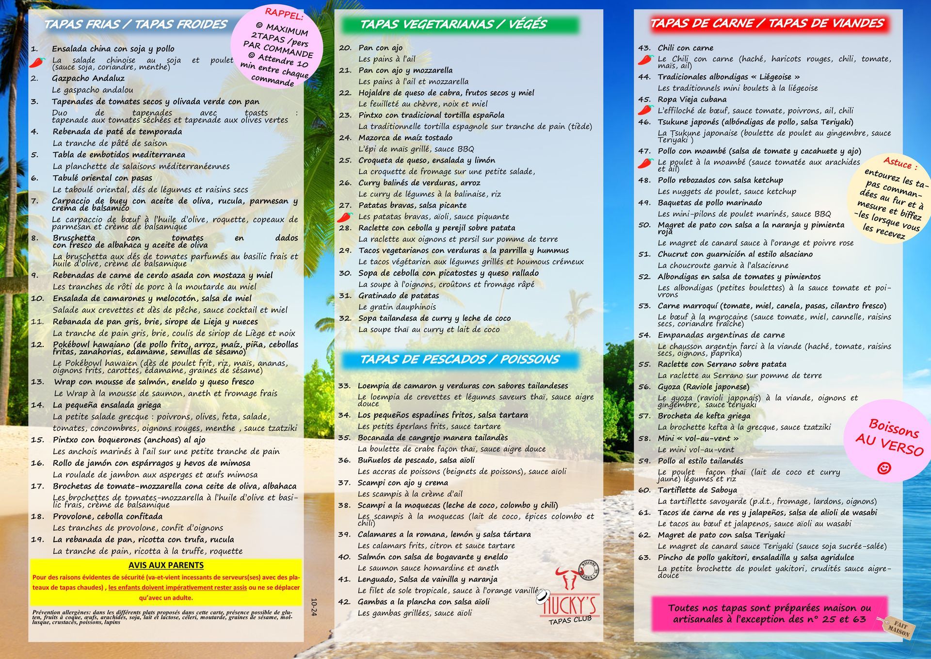 Voici notre carte des tapas - Tapas froides - Tapas végés - Tapas de poissons - Tapas de viandes