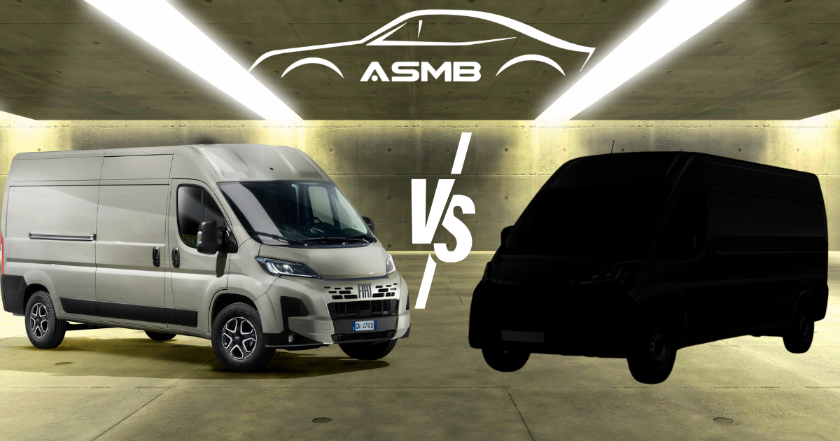Fiat Ducato stojący obok cienia samochodu dostawczego konkurencyjnej marki – porównanie modeli