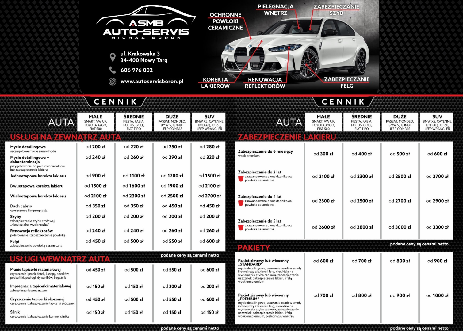 Cennik auto detailing Nowy Targ