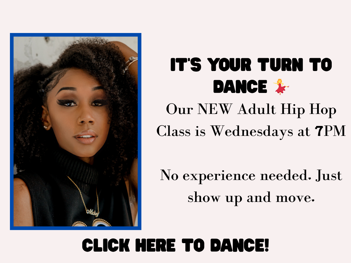 Promotional flyer for an adult hip hop dance class on Wednesdays at 7PM, featuring a portrait of a dancer.