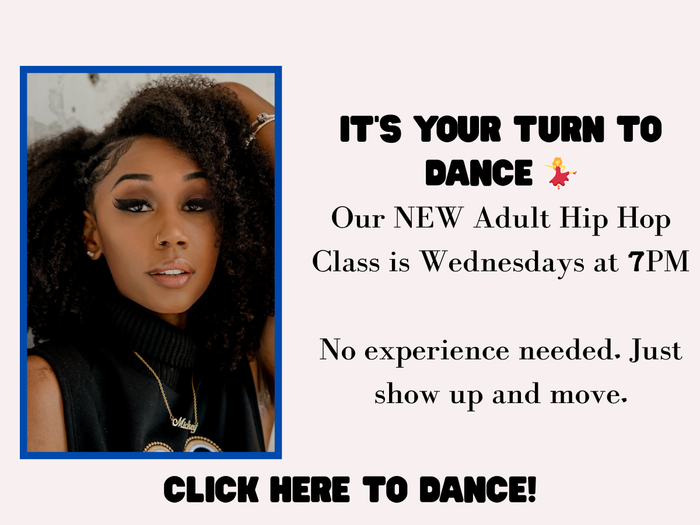 Promotional flyer for an adult hip hop dance class on Wednesdays at 7PM, featuring a portrait of a dancer.