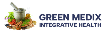 Logo for Green Medix Integrative Health: features a mortar and pestle with herbs, spices, and text in navy blue.