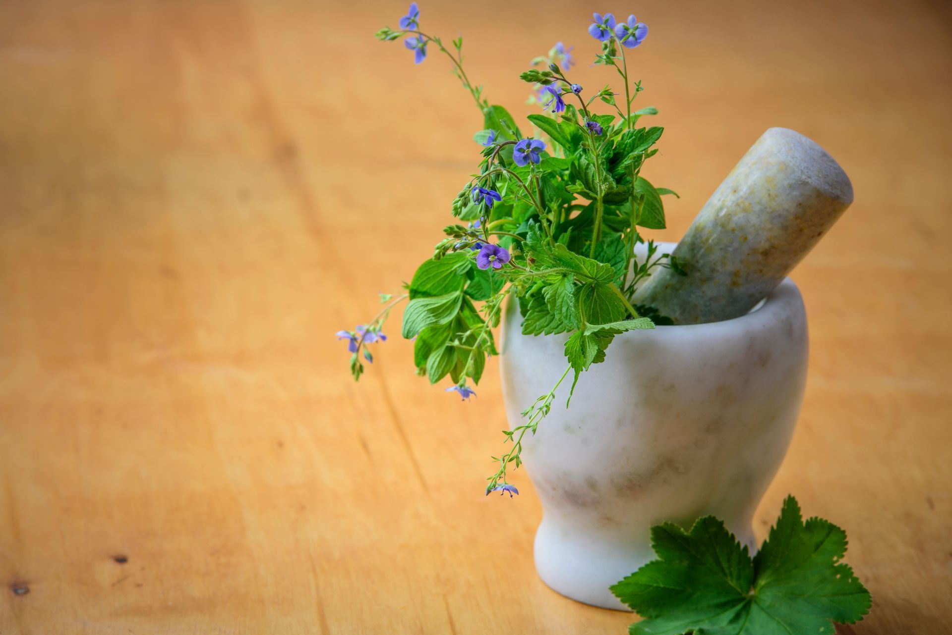 A white mortar and pestle filled with green herbs and small purple flowers, set on a wooden surface.