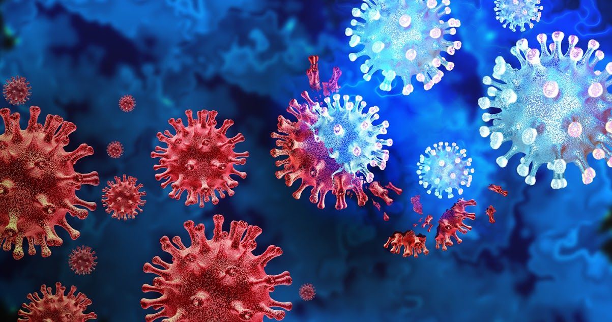 Illustration of red and blue coronavirus particles against a blue, blurred background.