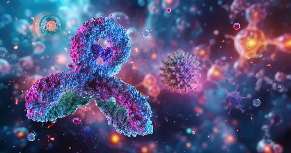 A vibrant, artistic rendering of a chromosome with a virus and other cellular elements in a colorful, glowing environment.