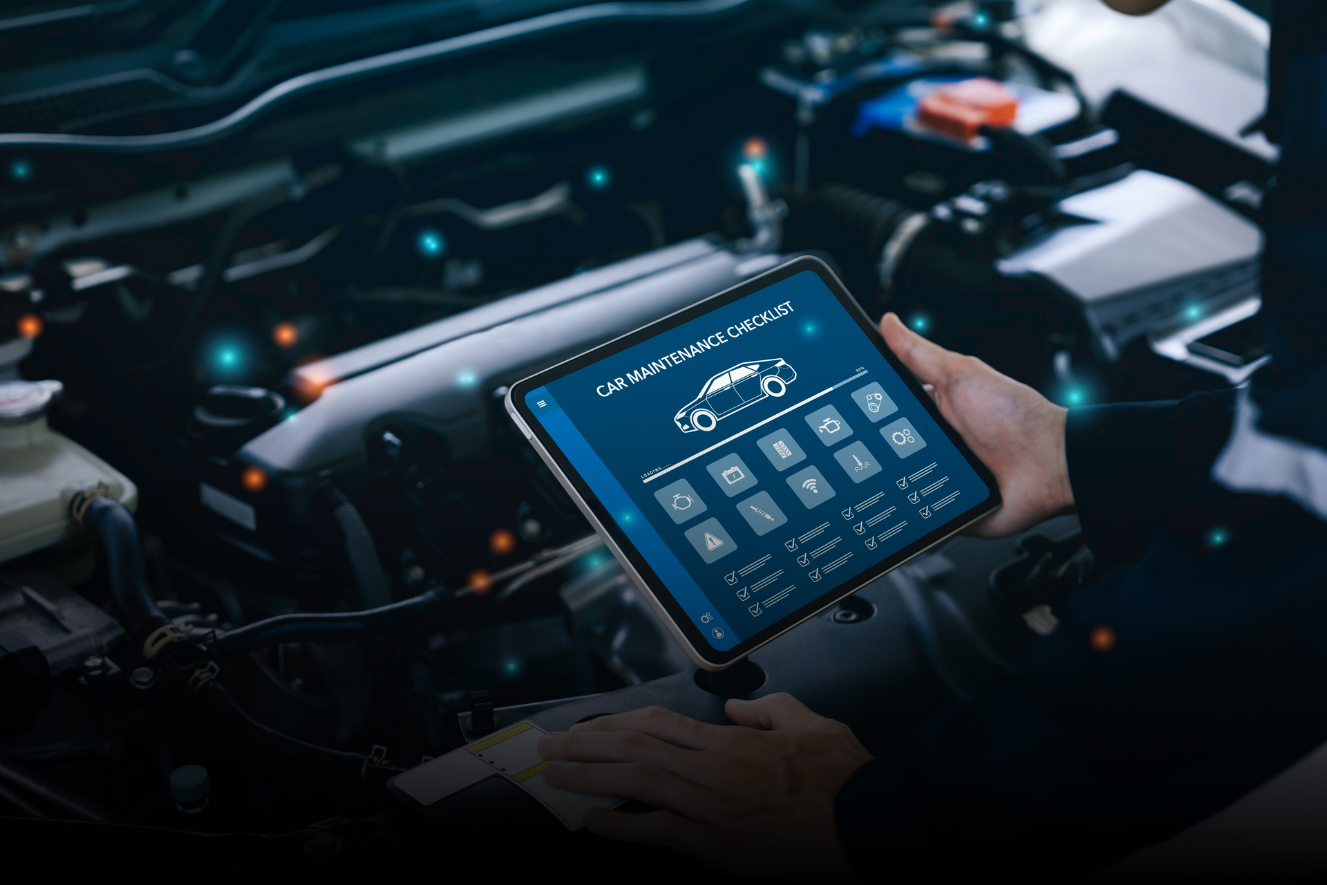 Auto repair technician using diagnostic tablet to assess vehicle performance