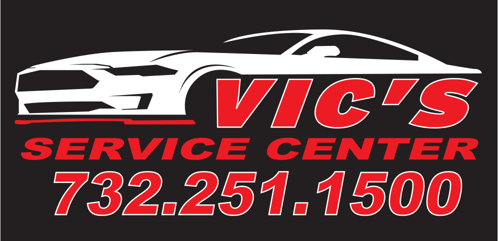 Auto repair business logo with white sports car outline and Vic's Service Center contact info in red
