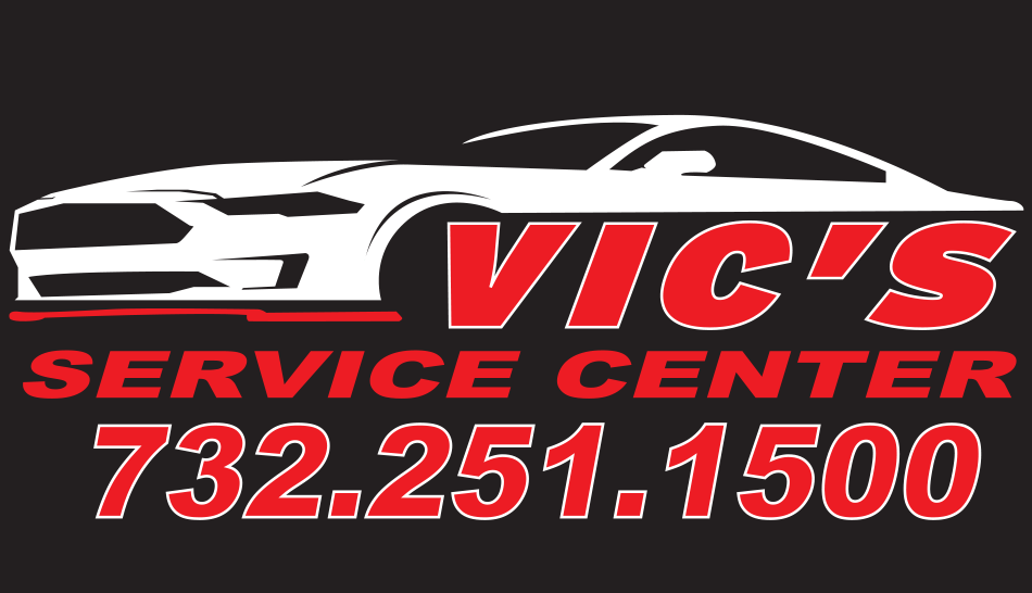 Red and black Vic’s Service Center logo with phone number and sports car illustration.